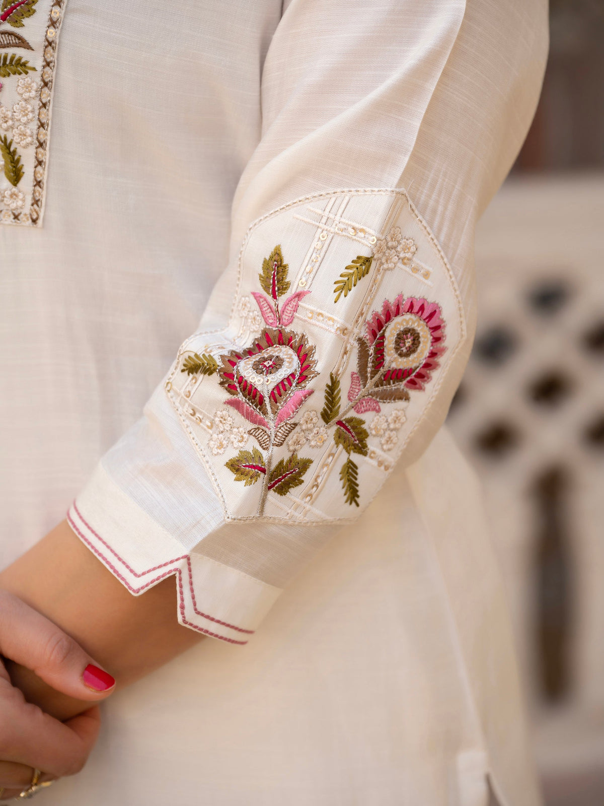 Lorenvalley Fashion White Viscose Mango Silk Multi Embroidery Sequins With Hand Work Kurta Pant Dupatta | Grocsy