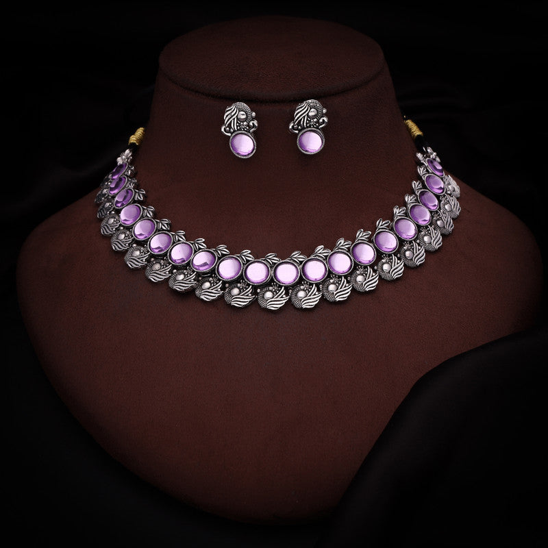 Tehzeeb Creations Silver Plated Lavender Colour Stone Jewellery Choker Necklace Set With Matching Pair of Stud Earrings | Grocsy