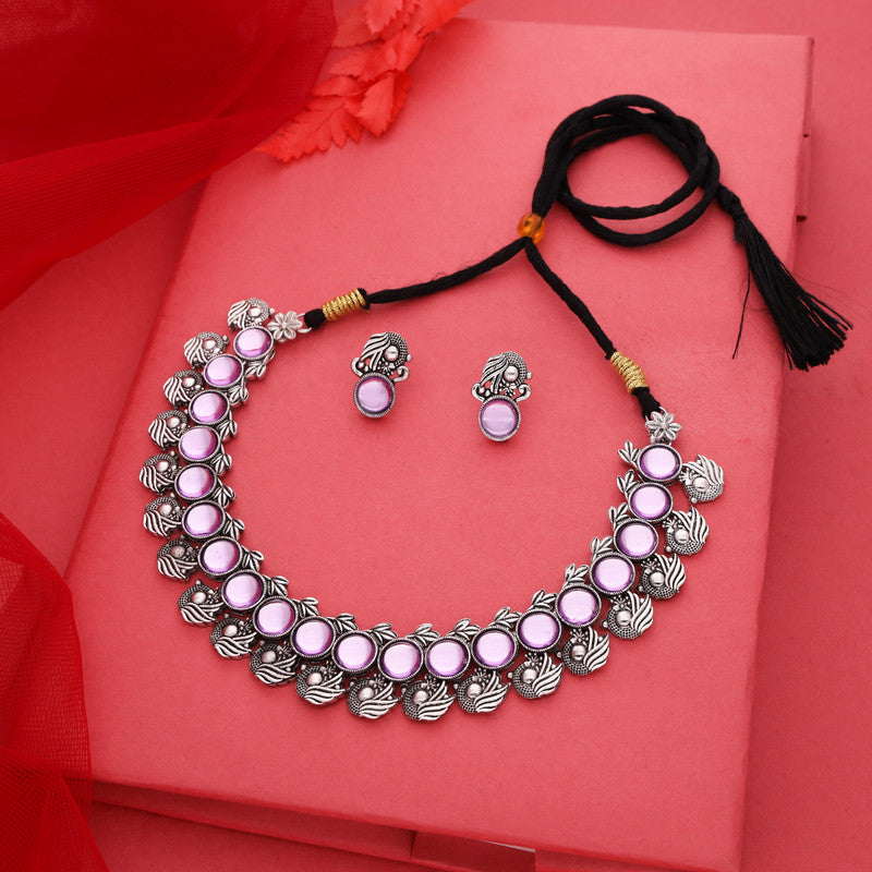 Tehzeeb Creations Silver Plated Lavender Colour Stone Jewellery Choker Necklace Set With Matching Pair of Stud Earrings | Grocsy