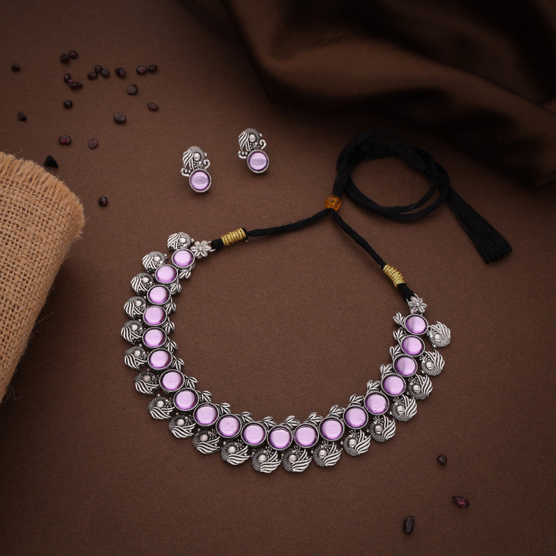 Tehzeeb Creations Silver Plated Lavender Colour Stone Jewellery Choker Necklace Set With Matching Pair of Stud Earrings | Grocsy