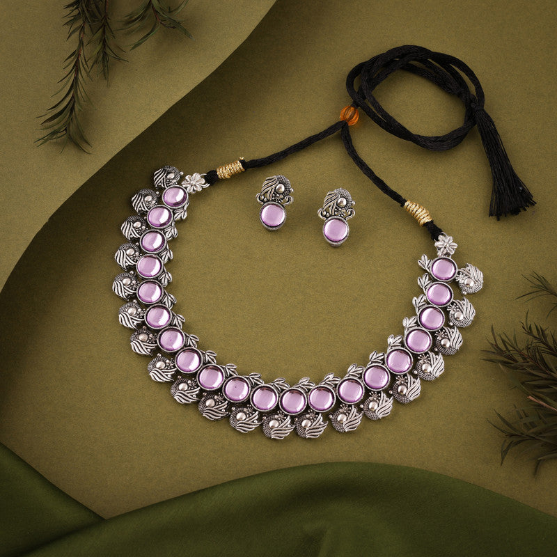 Tehzeeb Creations Silver Plated Lavender Colour Stone Jewellery Choker Necklace Set With Matching Pair of Stud Earrings | Grocsy