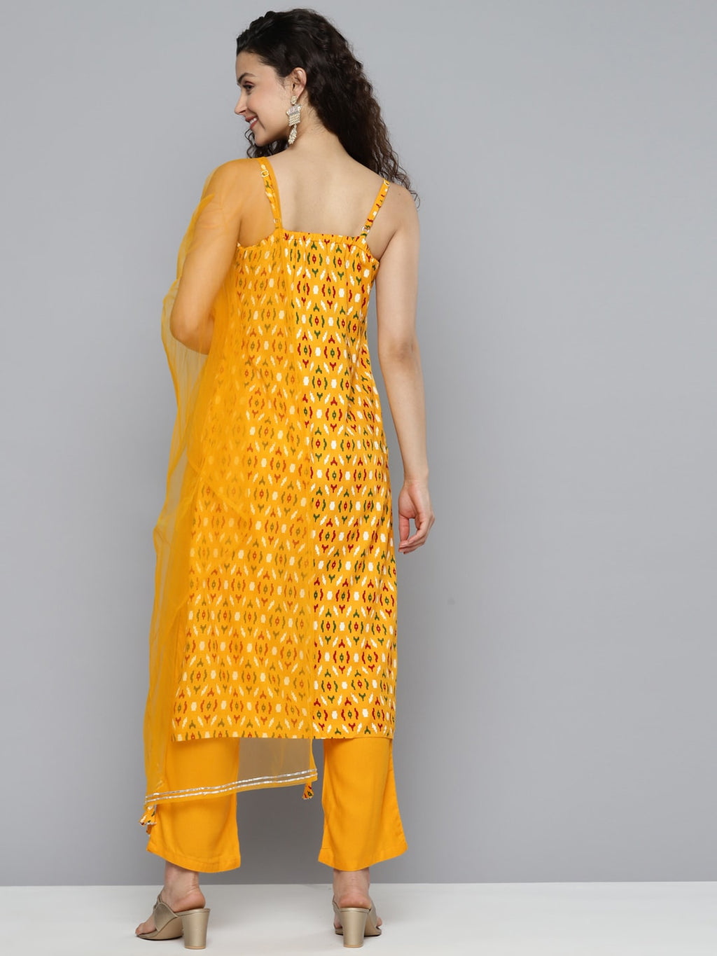 HERE&NOW Women Mustard Yellow Ethnic Motifs Printed Kurta with Trousers & With Dupatta | Grocsy