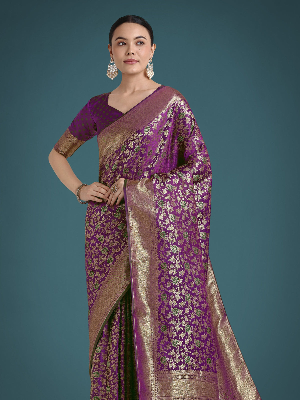 Monjolika Fashion Scintilla Purple Banarasi Satin Silk Meenakari zari weaving Pattern Saree | Grocsy