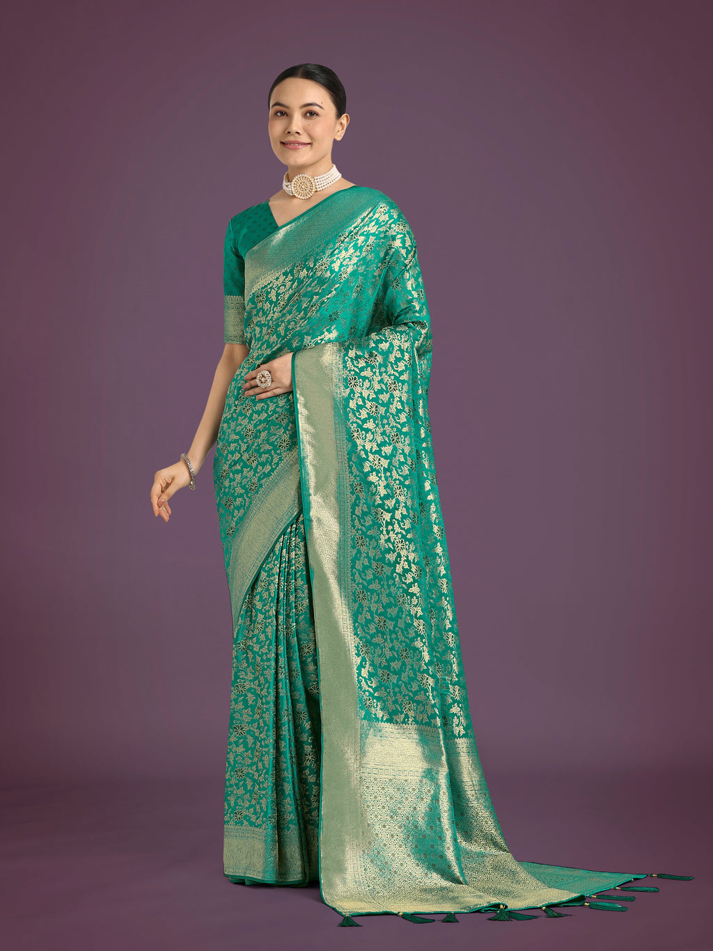 Monjolika Fashion Scintilla Turquoise Banarasi Satin Silk Meenakari zari weaving Pattern Saree | Grocsy