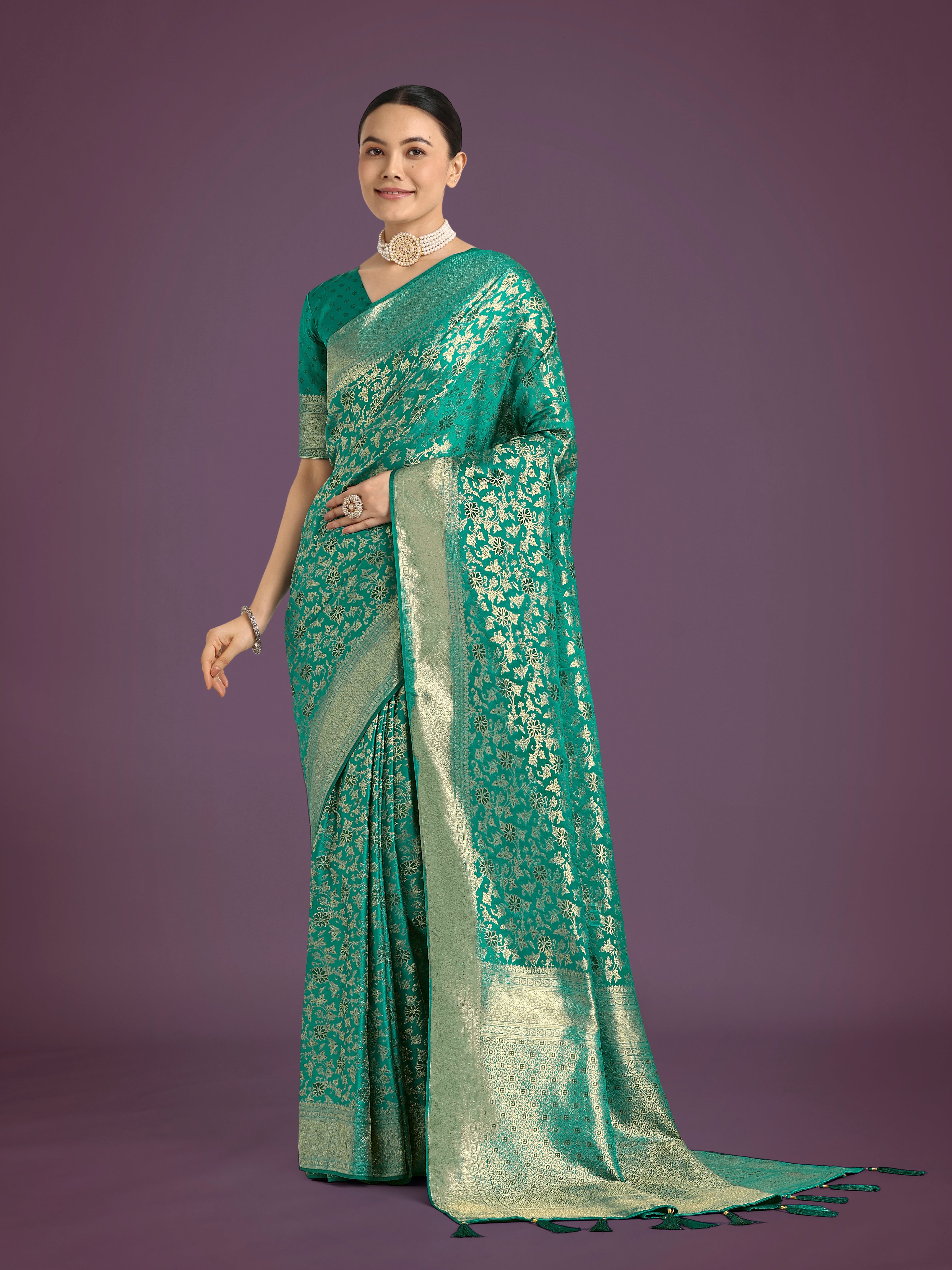 Monjolika Fashion Scintilla Turquoise Banarasi Satin Silk Meenakari zari weaving Pattern Saree | Grocsy