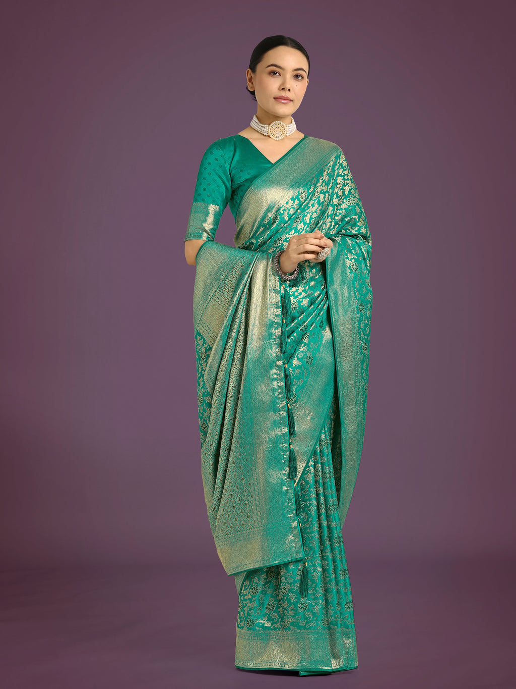 Monjolika Fashion Scintilla Turquoise Banarasi Satin Silk Meenakari zari weaving Pattern Saree | Grocsy