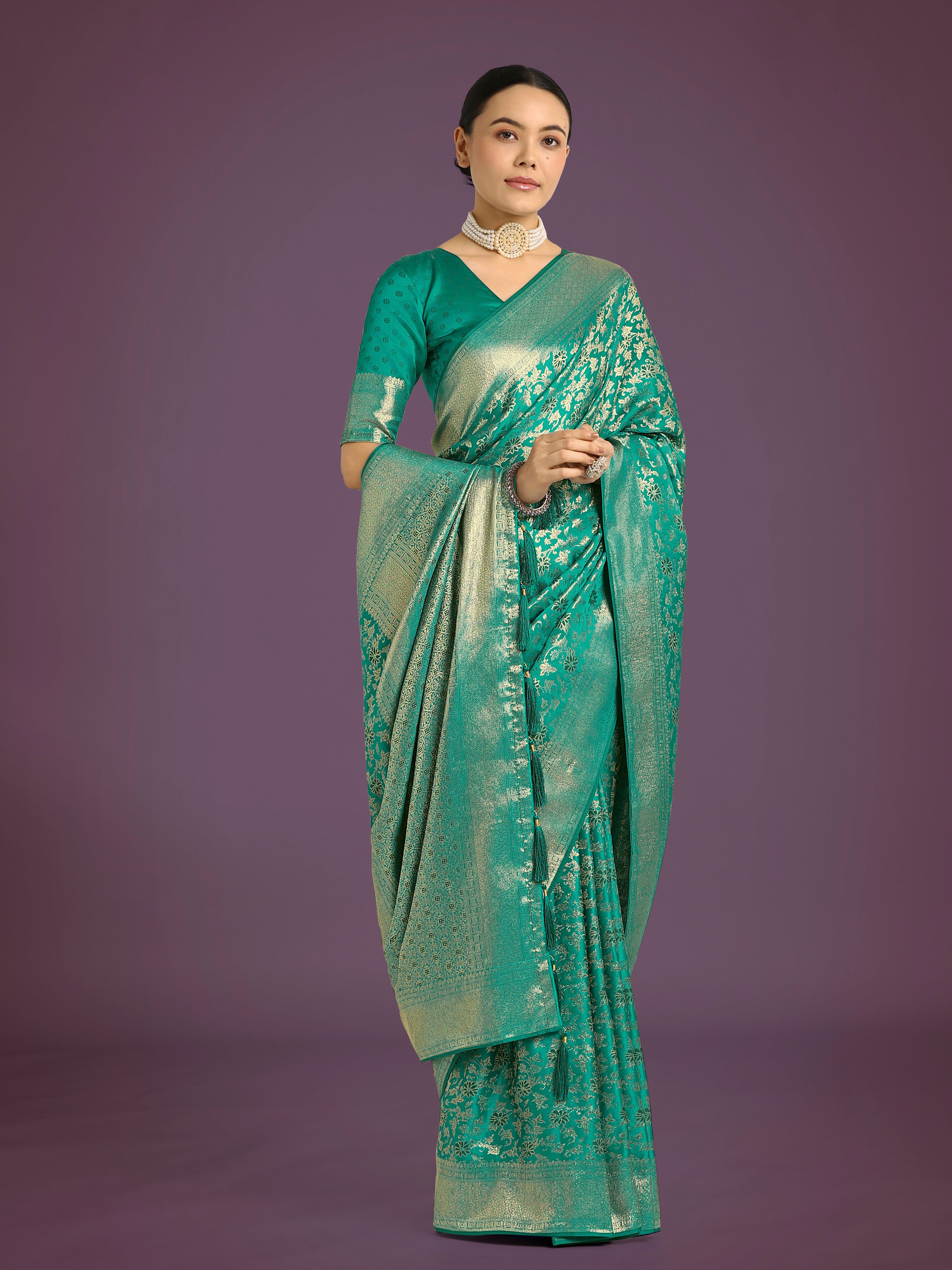Monjolika Fashion Scintilla Turquoise Banarasi Satin Silk Meenakari zari weaving Pattern Saree | Grocsy