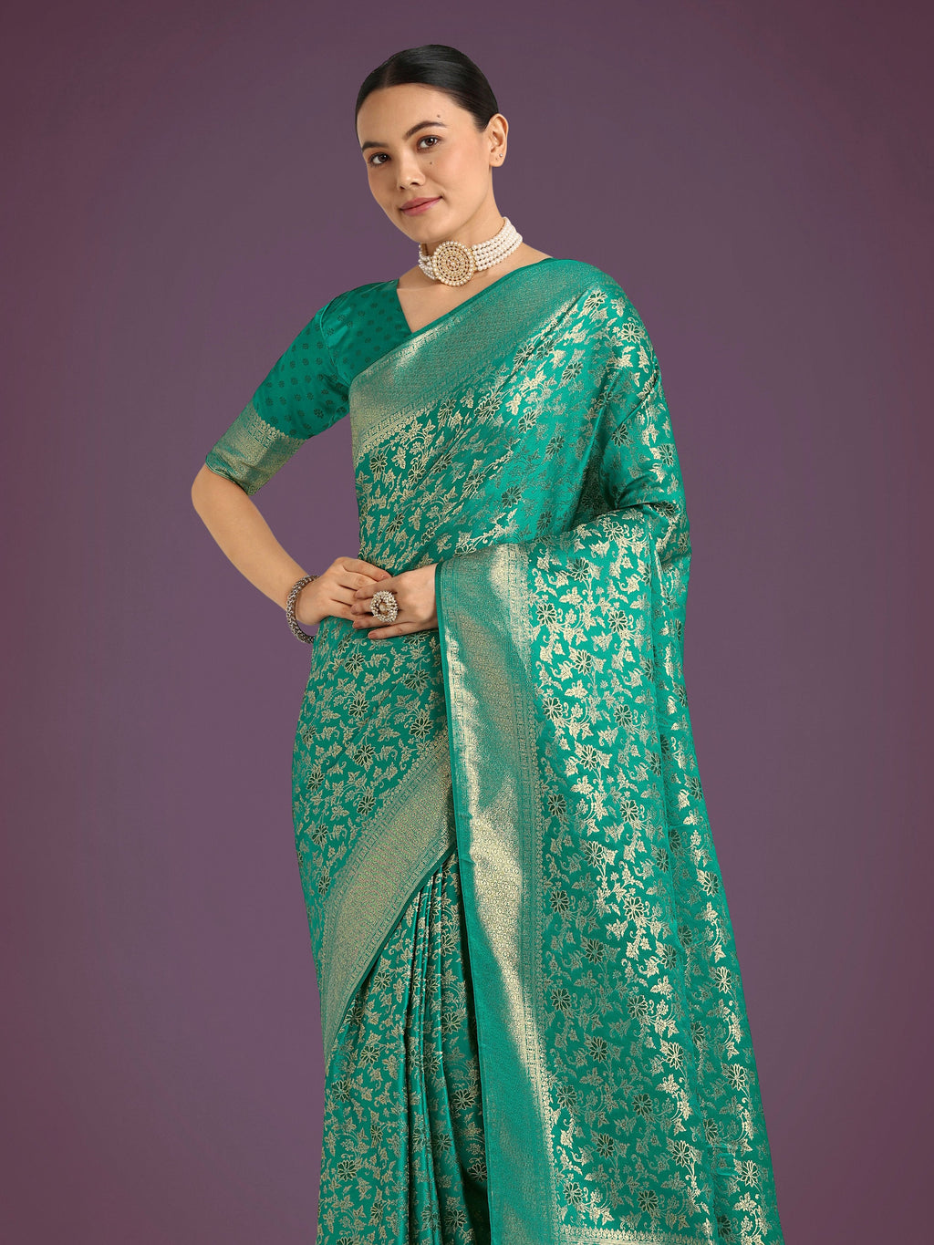 Monjolika Fashion Scintilla Turquoise Banarasi Satin Silk Meenakari zari weaving Pattern Saree | Grocsy