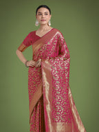 Monjolika Fashion Scintilla Magenta Banarasi Satin Silk Meenakari zari weaving Pattern Saree | Grocsy