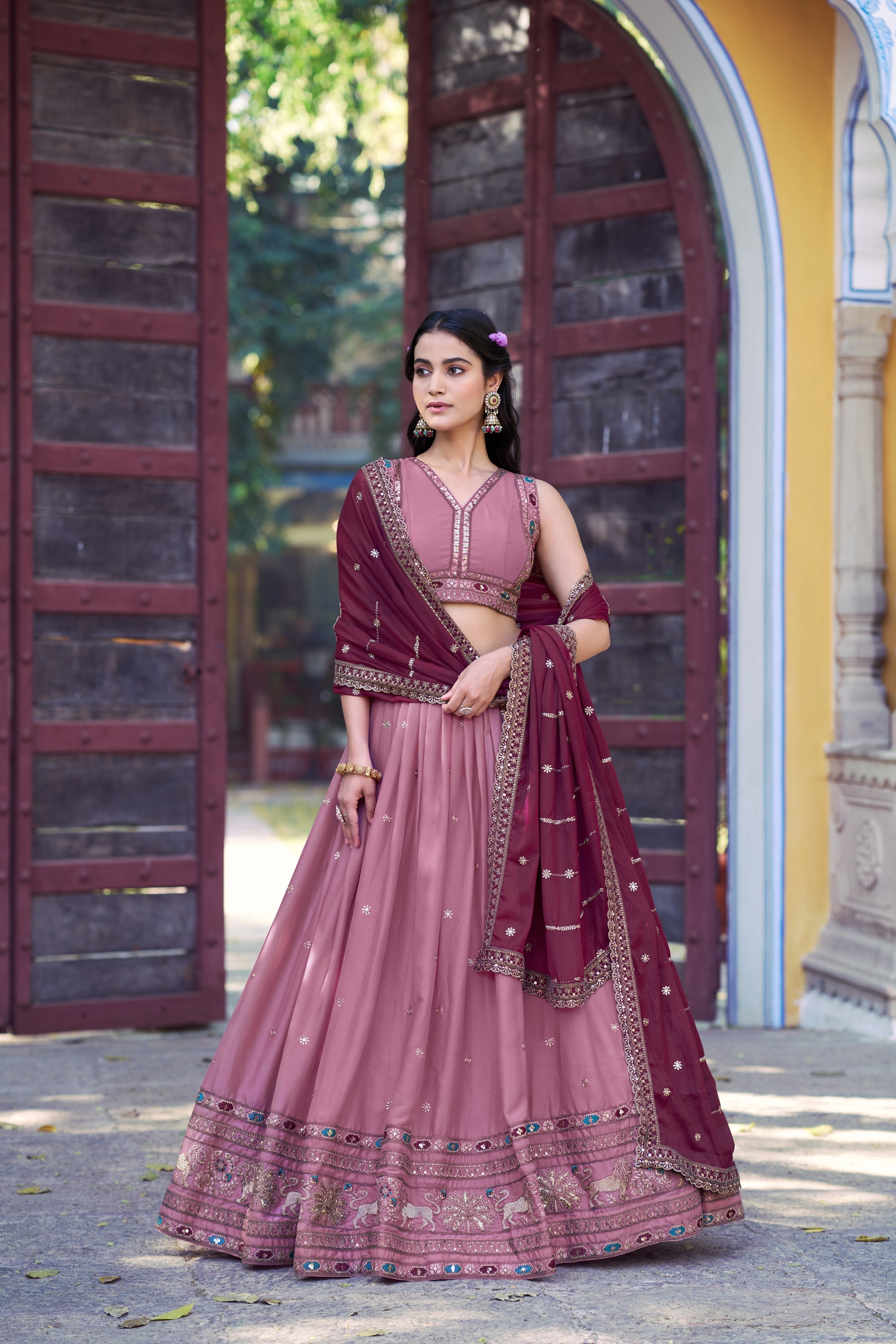 Lorenvalley Fashion Pink Star Georgette Zari, Sequins & Resham Embroidery With Butti And Arca Detailing Lehenga Choli with Dupatta | Grocsy