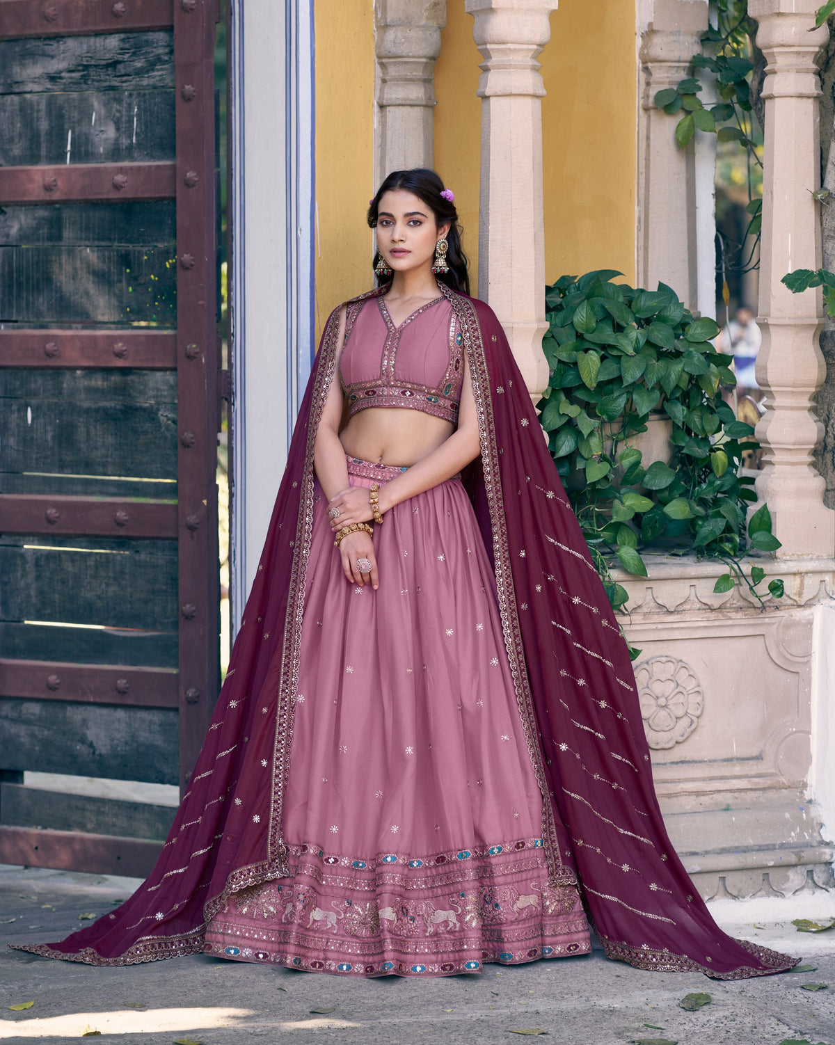 Lorenvalley Fashion Pink Star Georgette Zari, Sequins & Resham Embroidery With Butti And Arca Detailing Lehenga Choli with Dupatta | Grocsy
