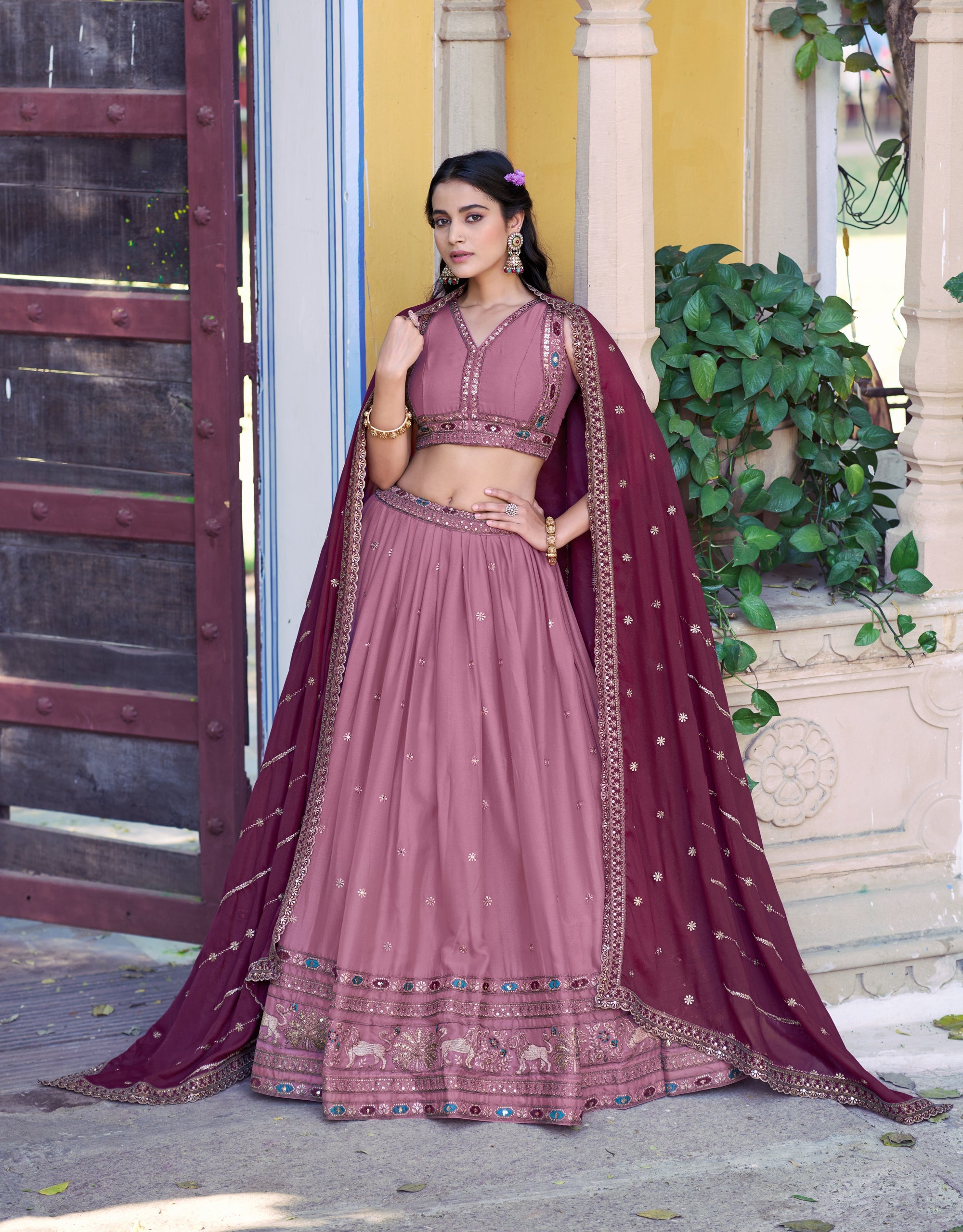 Lorenvalley Fashion Pink Star Georgette Zari, Sequins & Resham Embroidery With Butti And Arca Detailing Lehenga Choli with Dupatta | Grocsy