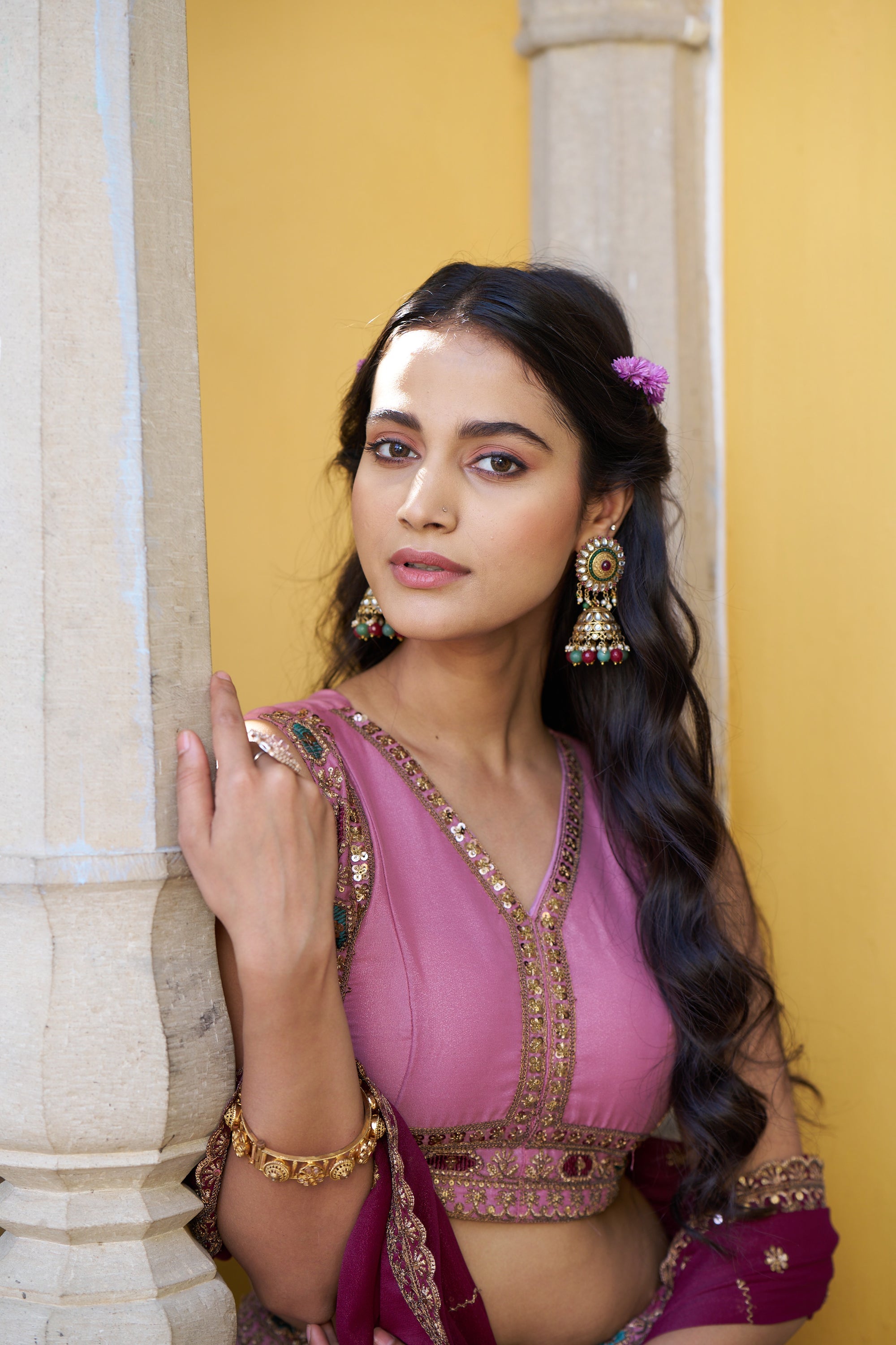 Lorenvalley Fashion Pink Star Georgette Zari, Sequins & Resham Embroidery With Butti And Arca Detailing Lehenga Choli with Dupatta | Grocsy