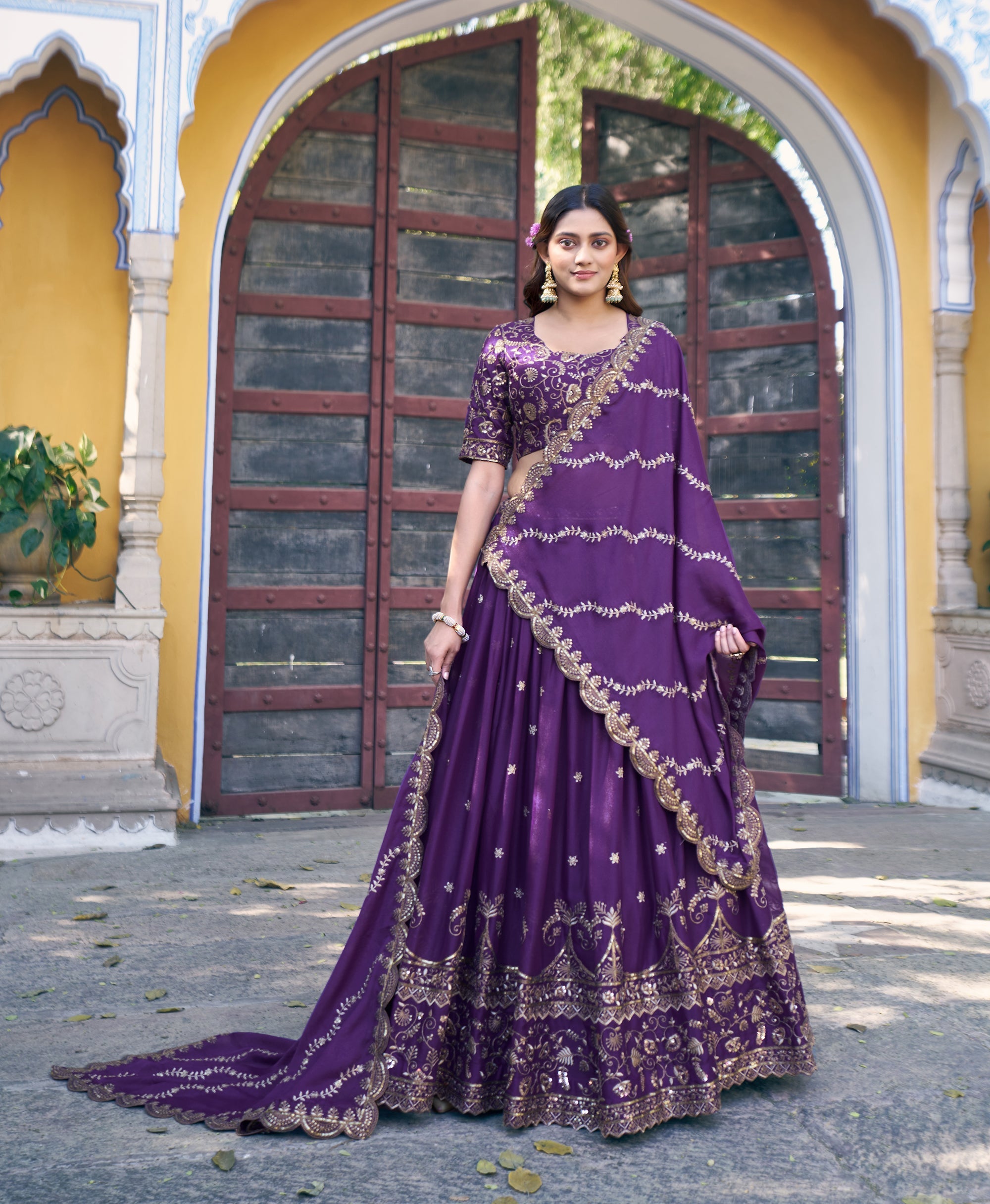 Lorenvalley Fashion Purple Star Georgette Zari, Sequins & Resham Embroidery With Butti And Arca Detailing Lehenga Choli with Dupatta | Grocsy
