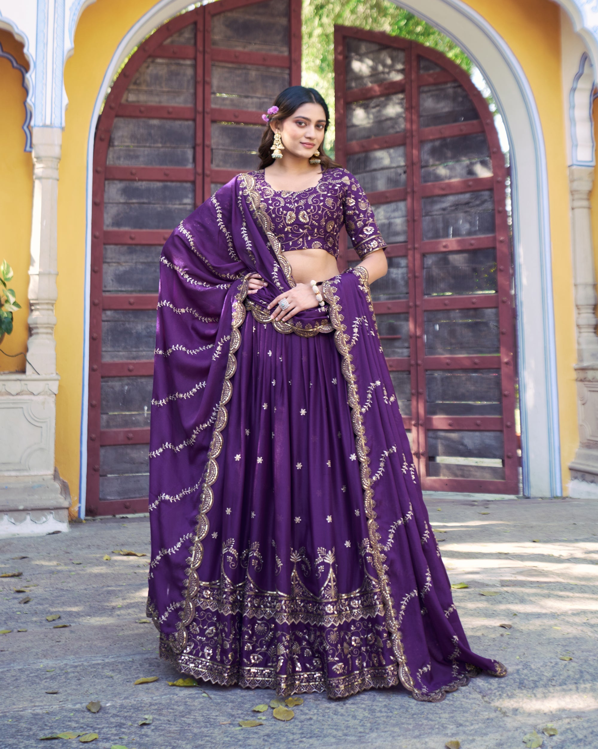 Lorenvalley Fashion Purple Star Georgette Zari, Sequins & Resham Embroidery With Butti And Arca Detailing Lehenga Choli with Dupatta | Grocsy