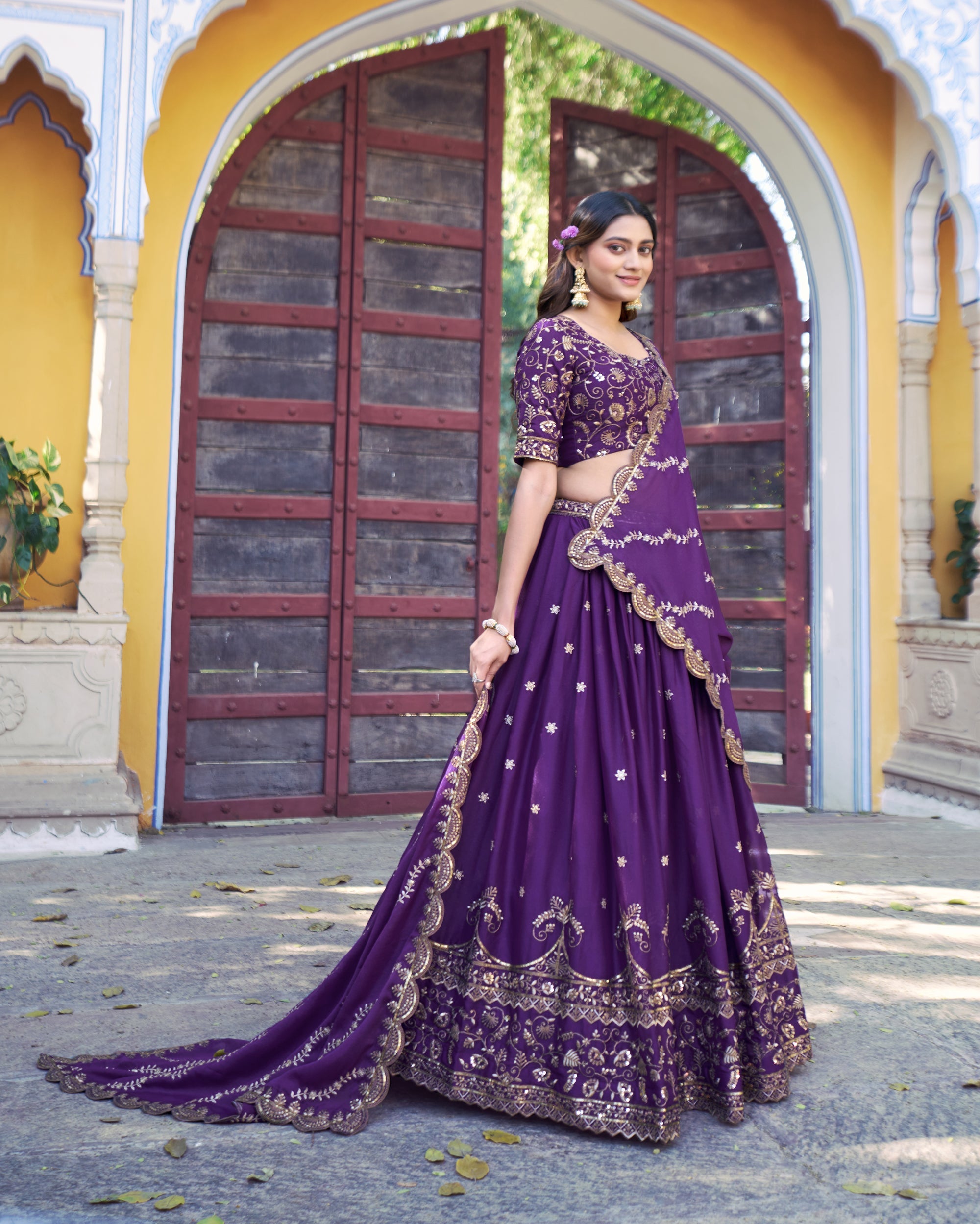 Lorenvalley Fashion Purple Star Georgette Zari, Sequins & Resham Embroidery With Butti And Arca Detailing Lehenga Choli with Dupatta | Grocsy