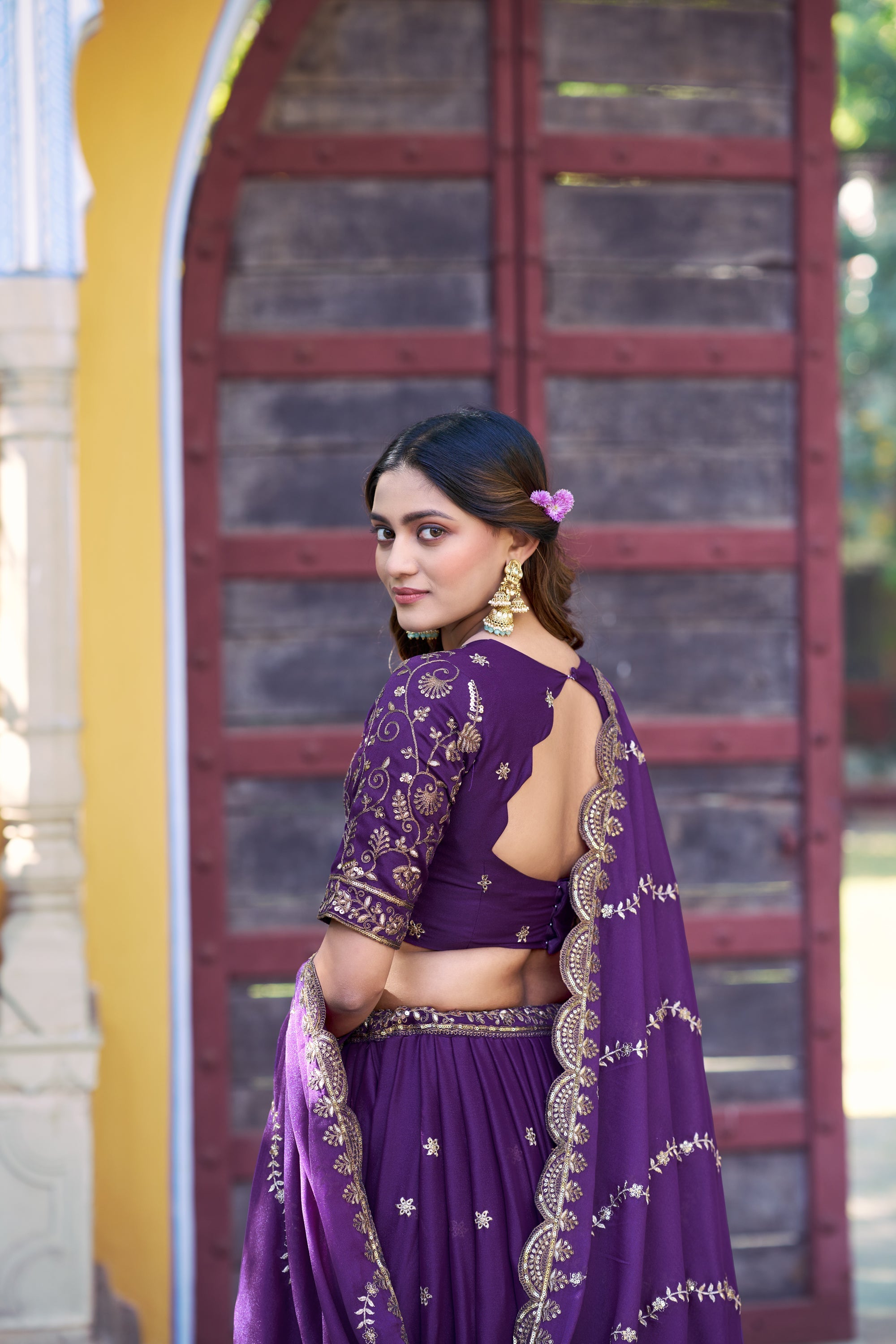 Lorenvalley Fashion Purple Star Georgette Zari, Sequins & Resham Embroidery With Butti And Arca Detailing Lehenga Choli with Dupatta | Grocsy