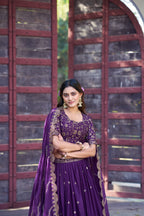 Lorenvalley Fashion Purple Star Georgette Zari, Sequins & Resham Embroidery With Butti And Arca Detailing Lehenga Choli with Dupatta | Grocsy