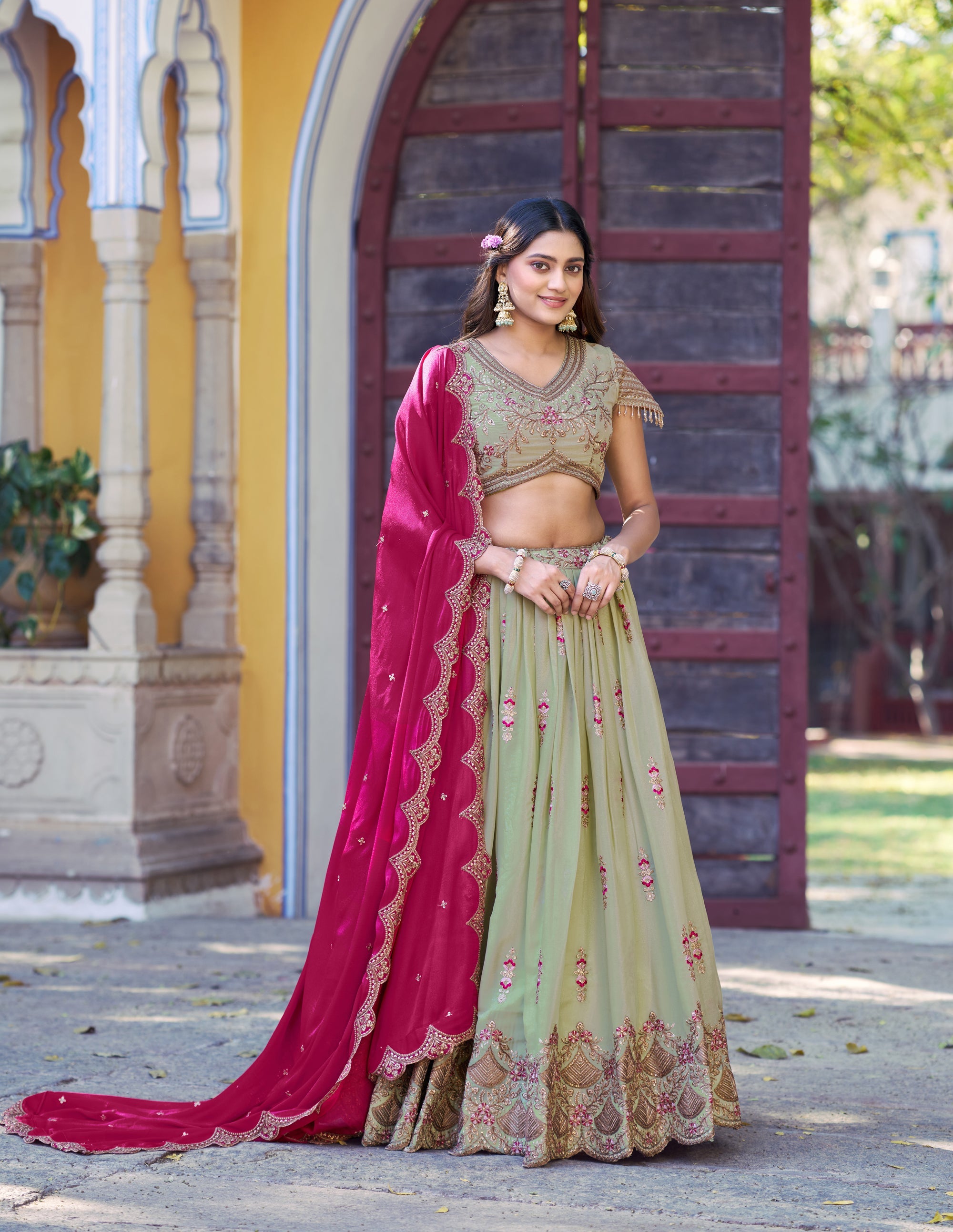 Lorenvalley Fashion Pista Star Georgette Zari, Sequins & Resham Embroidery With Butti And Arca Detailing Lehenga Choli with Dupatta | Grocsy