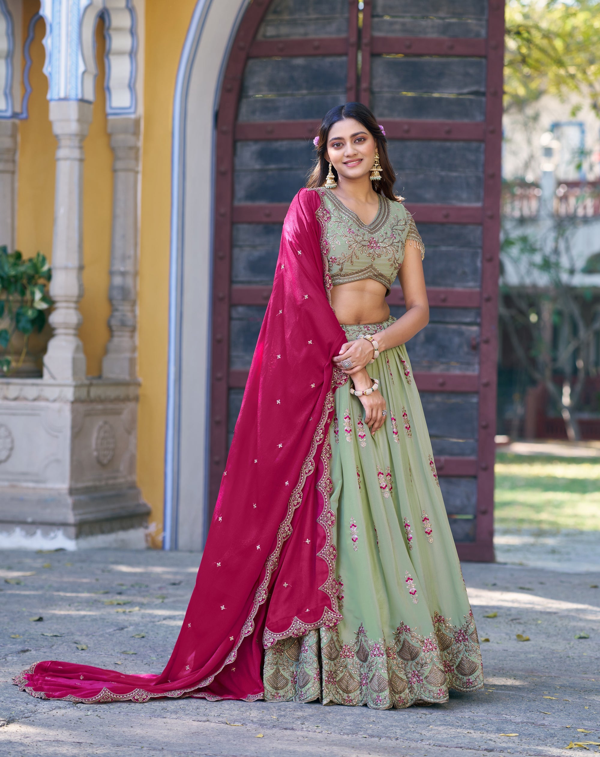 Lorenvalley Fashion Pista Star Georgette Zari, Sequins & Resham Embroidery With Butti And Arca Detailing Lehenga Choli with Dupatta | Grocsy