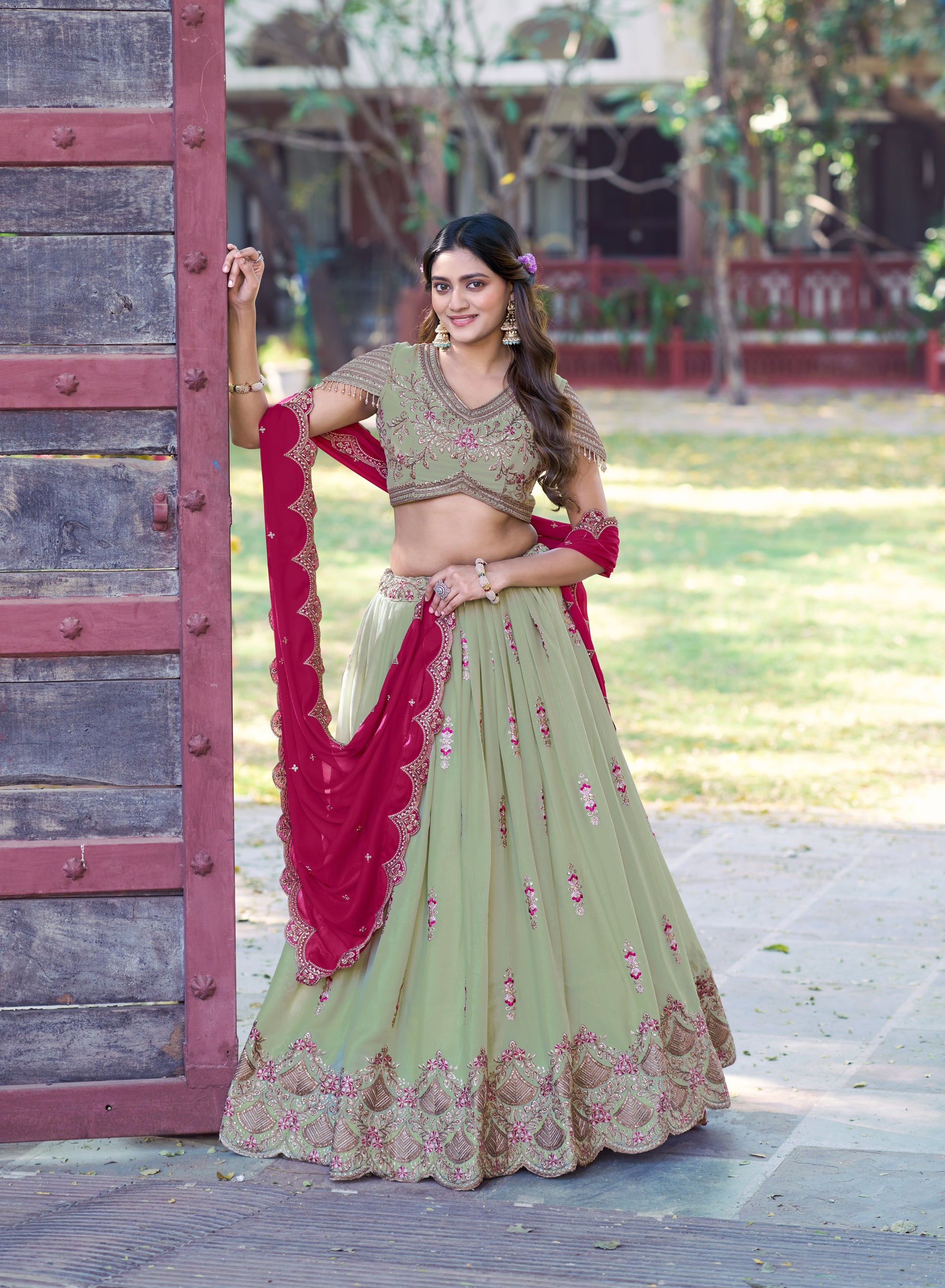 Lorenvalley Fashion Pista Star Georgette Zari, Sequins & Resham Embroidery With Butti And Arca Detailing Lehenga Choli with Dupatta | Grocsy