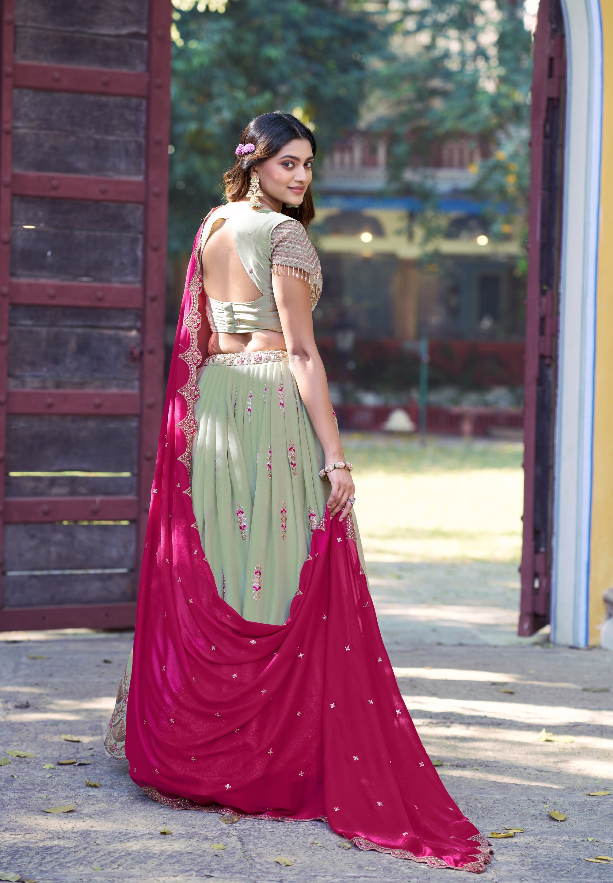 Lorenvalley Fashion Pista Star Georgette Zari, Sequins & Resham Embroidery With Butti And Arca Detailing Lehenga Choli with Dupatta | Grocsy