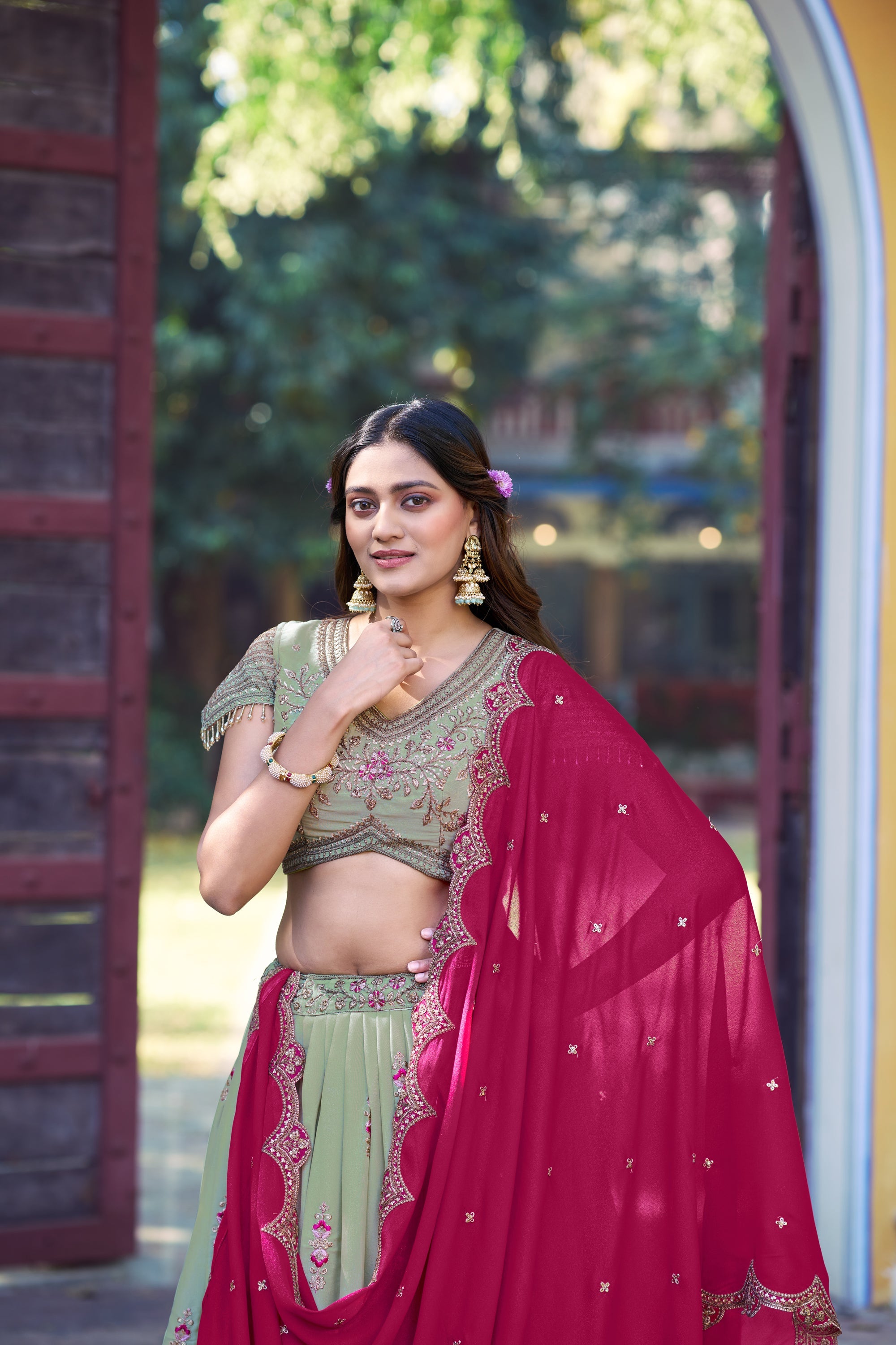 Lorenvalley Fashion Pista Star Georgette Zari, Sequins & Resham Embroidery With Butti And Arca Detailing Lehenga Choli with Dupatta | Grocsy