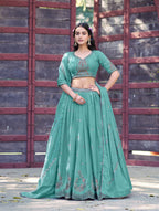 Lorenvalley Fashion Skyblue Star Georgette Zari, Sequins & Resham Embroidery With Butti And Arca Detailing Lehenga Choli with Dupatta | Grocsy