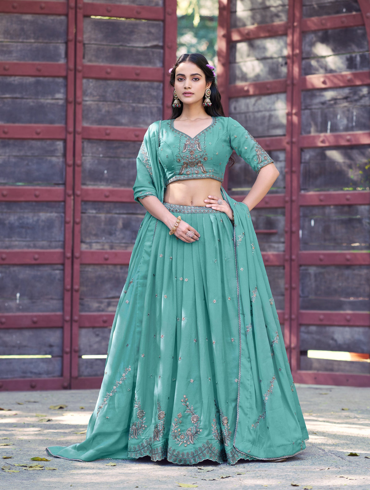 Lorenvalley Fashion Skyblue Star Georgette Zari, Sequins & Resham Embroidery With Butti And Arca Detailing Lehenga Choli with Dupatta | Grocsy