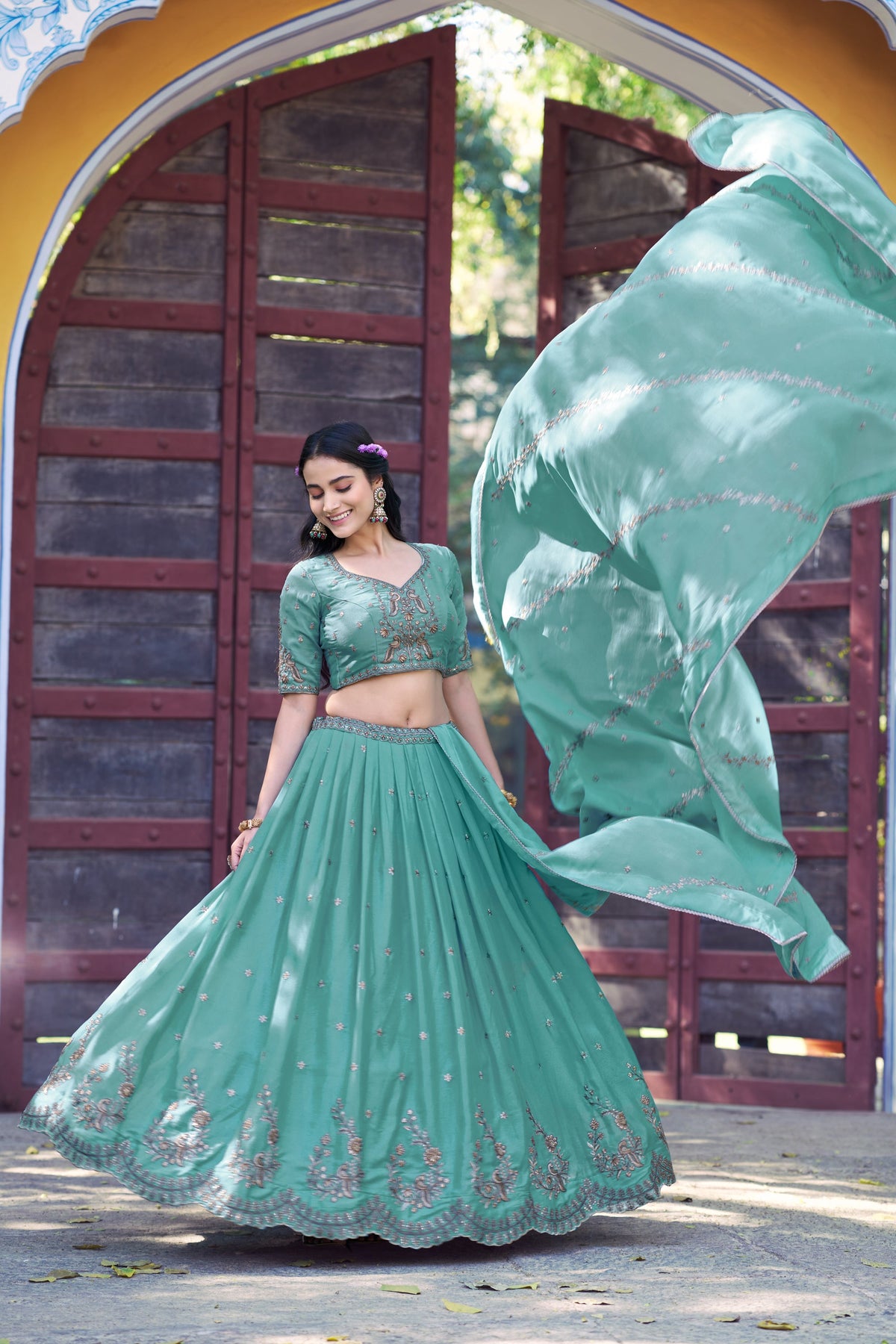 Lorenvalley Fashion Skyblue Star Georgette Zari, Sequins & Resham Embroidery With Butti And Arca Detailing Lehenga Choli with Dupatta | Grocsy