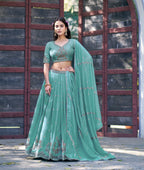 Lorenvalley Fashion Skyblue Star Georgette Zari, Sequins & Resham Embroidery With Butti And Arca Detailing Lehenga Choli with Dupatta | Grocsy
