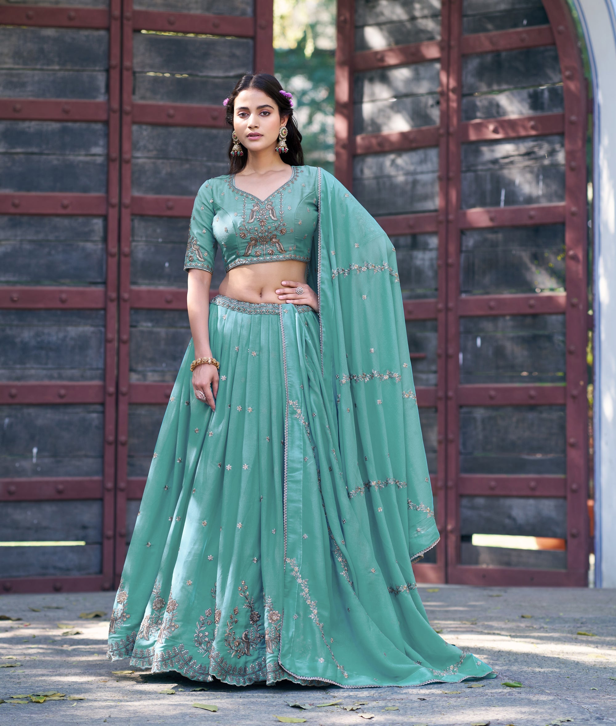 Lorenvalley Fashion Skyblue Star Georgette Zari, Sequins & Resham Embroidery With Butti And Arca Detailing Lehenga Choli with Dupatta | Grocsy
