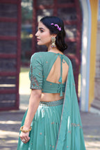 Lorenvalley Fashion Skyblue Star Georgette Zari, Sequins & Resham Embroidery With Butti And Arca Detailing Lehenga Choli with Dupatta | Grocsy