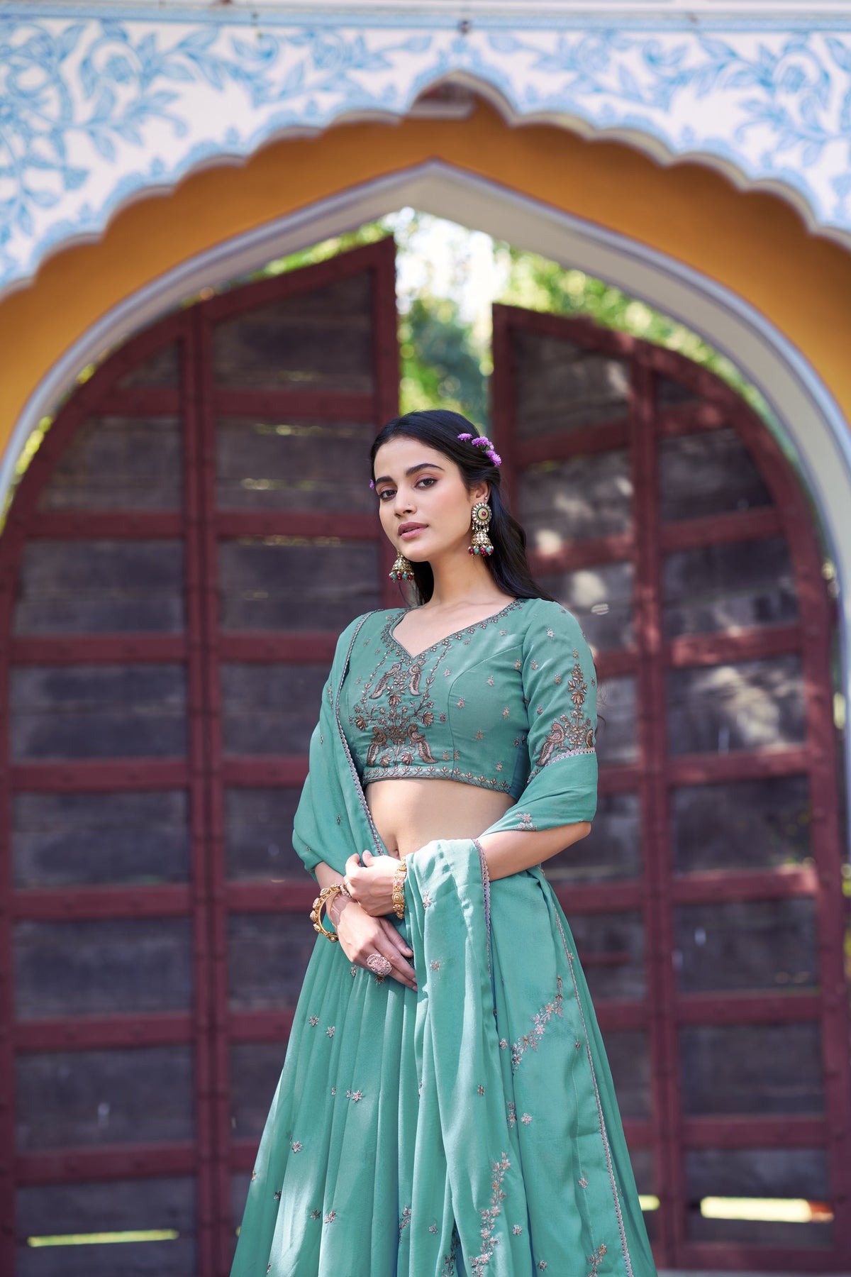 Lorenvalley Fashion Skyblue Star Georgette Zari, Sequins & Resham Embroidery With Butti And Arca Detailing Lehenga Choli with Dupatta | Grocsy