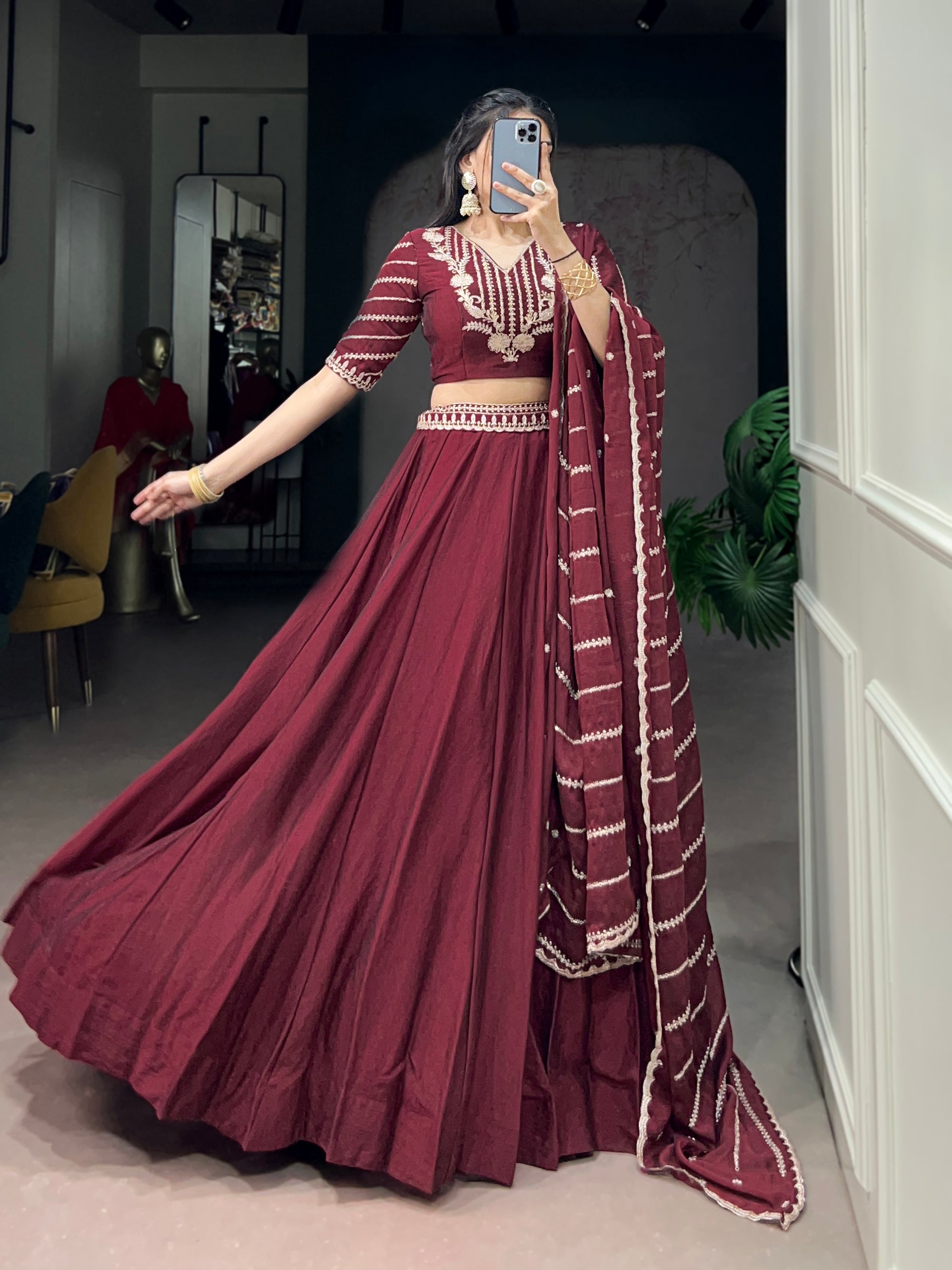 Lorenvalley Fashion Maroon Rangoli Crush Sequins and Thread Embroidery Work Belt Lehenga Choli with Dupatta | Grocsy