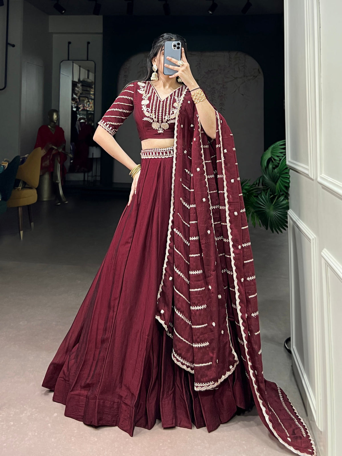 Lorenvalley Fashion Maroon Rangoli Crush Sequins and Thread Embroidery Work Belt Lehenga Choli with Dupatta | Grocsy