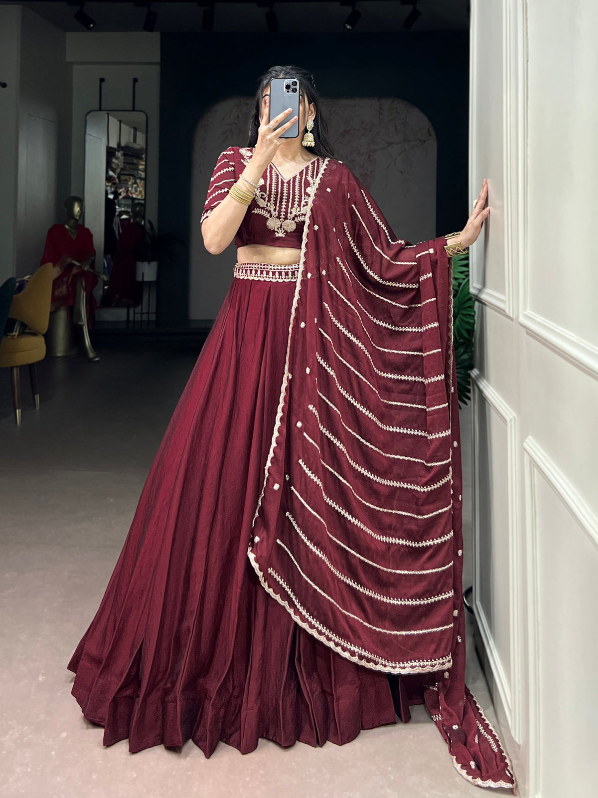 Lorenvalley Fashion Maroon Rangoli Crush Sequins and Thread Embroidery Work Belt Lehenga Choli with Dupatta | Grocsy