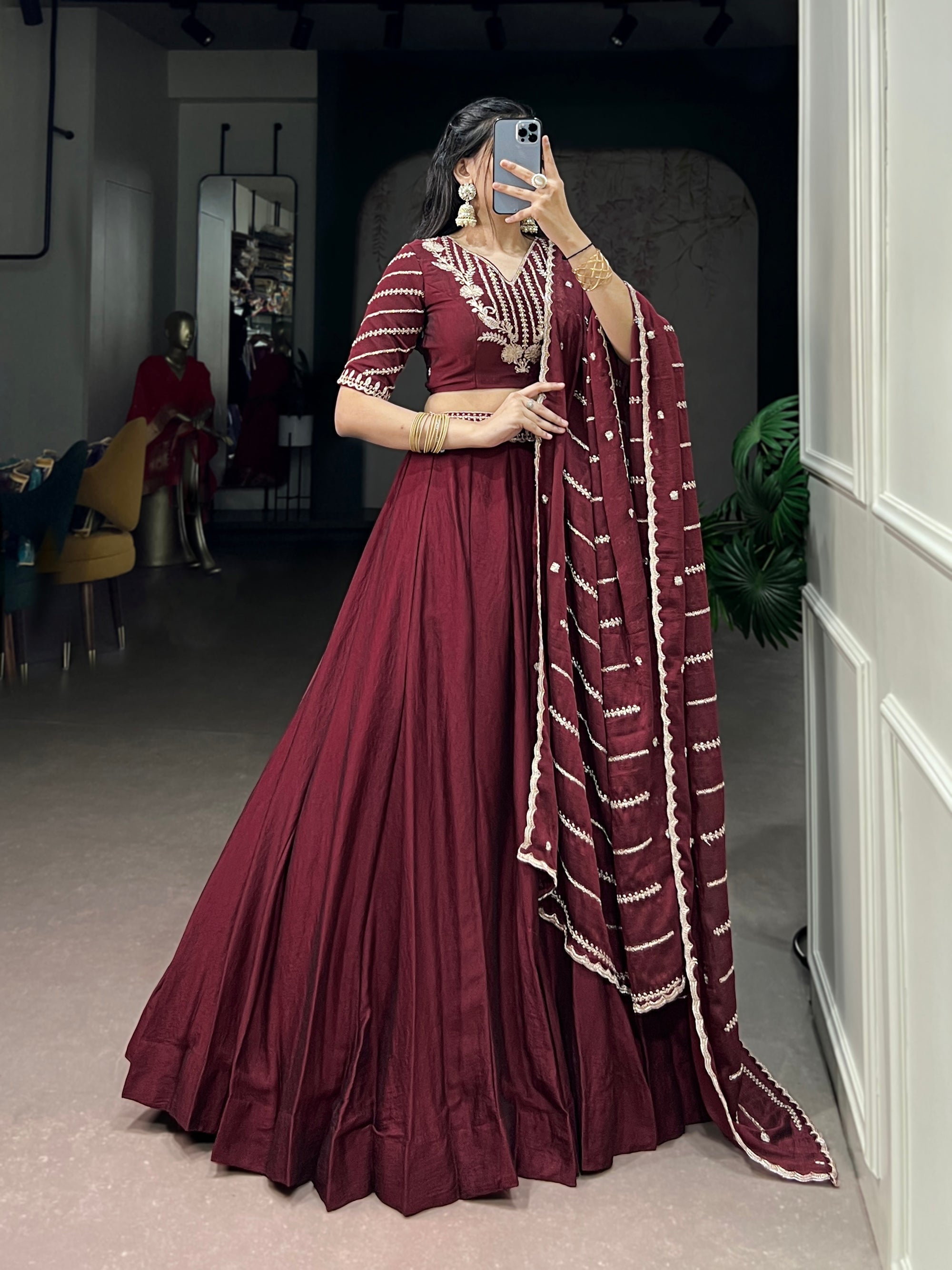 Lorenvalley Fashion Maroon Rangoli Crush Sequins and Thread Embroidery Work Belt Lehenga Choli with Dupatta | Grocsy