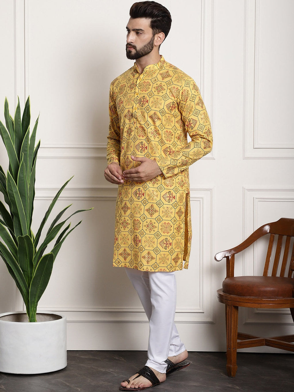 Sojanya Men Yellow Ethnic Motifs Printed Kurta with Churidar | Grocsy