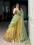 Lorenvalley Fashion Yellow NC Moss Silk Sequins and Thread Embroidery Work Lehenga Choli with Dupatta | Grocsy