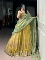 Lorenvalley Fashion Yellow NC Moss Silk Sequins and Thread Embroidery Work Lehenga Choli with Dupatta | Grocsy