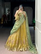 Lorenvalley Fashion Yellow NC Moss Silk Sequins and Thread Embroidery Work Lehenga Choli with Dupatta | Grocsy