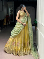 Lorenvalley Fashion Yellow NC Moss Silk Sequins and Thread Embroidery Work Lehenga Choli with Dupatta | Grocsy