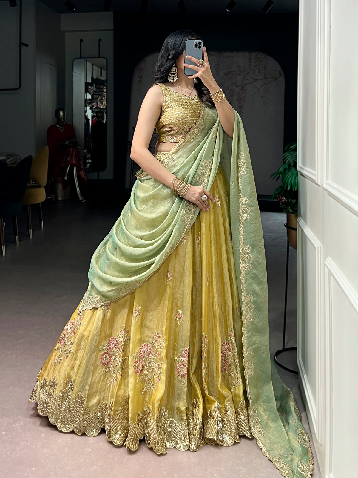 Lorenvalley Fashion Yellow NC Moss Silk Sequins and Thread Embroidery Work Lehenga Choli with Dupatta | Grocsy