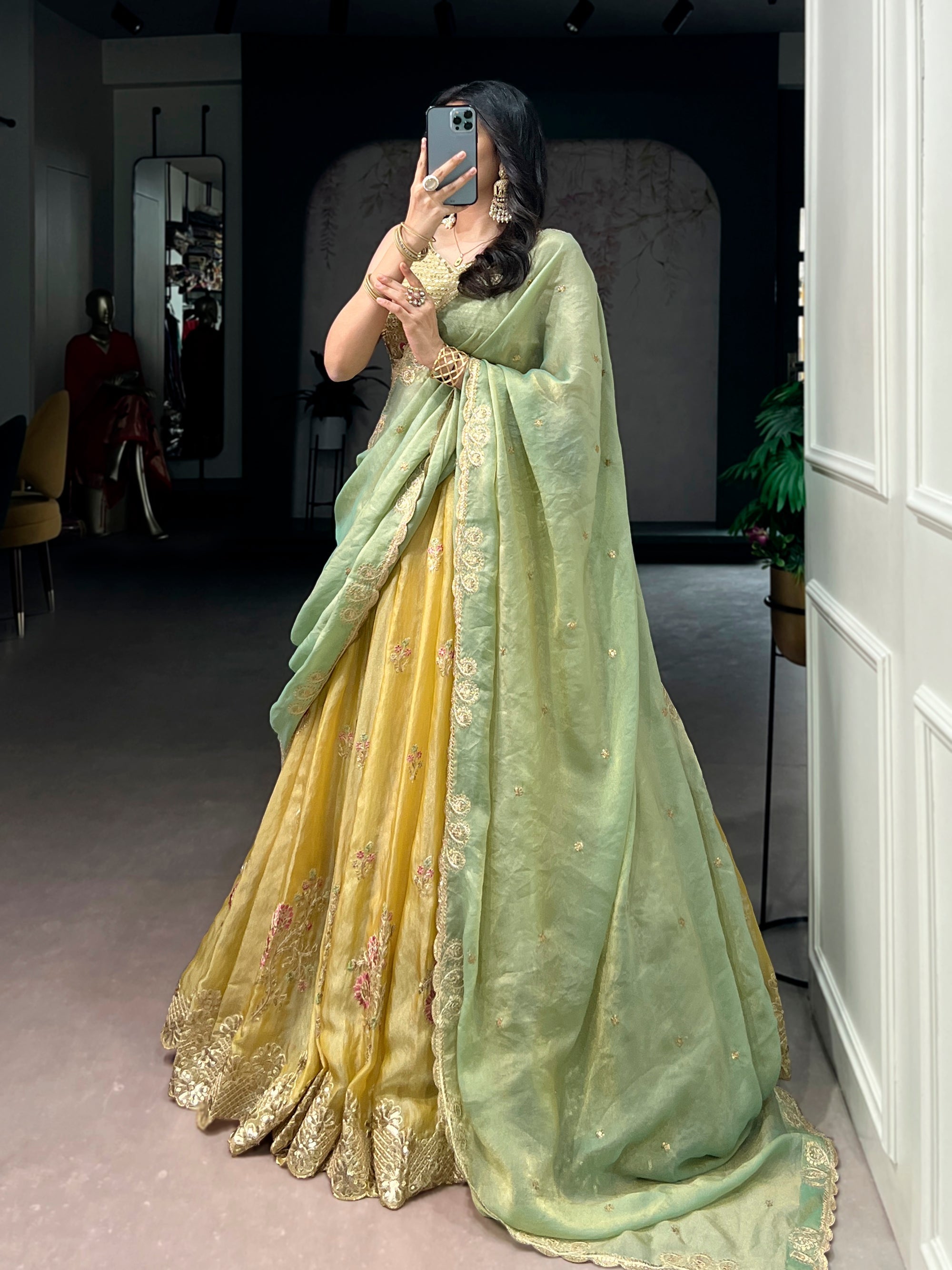 Lorenvalley Fashion Yellow NC Moss Silk Sequins and Thread Embroidery Work Lehenga Choli with Dupatta | Grocsy