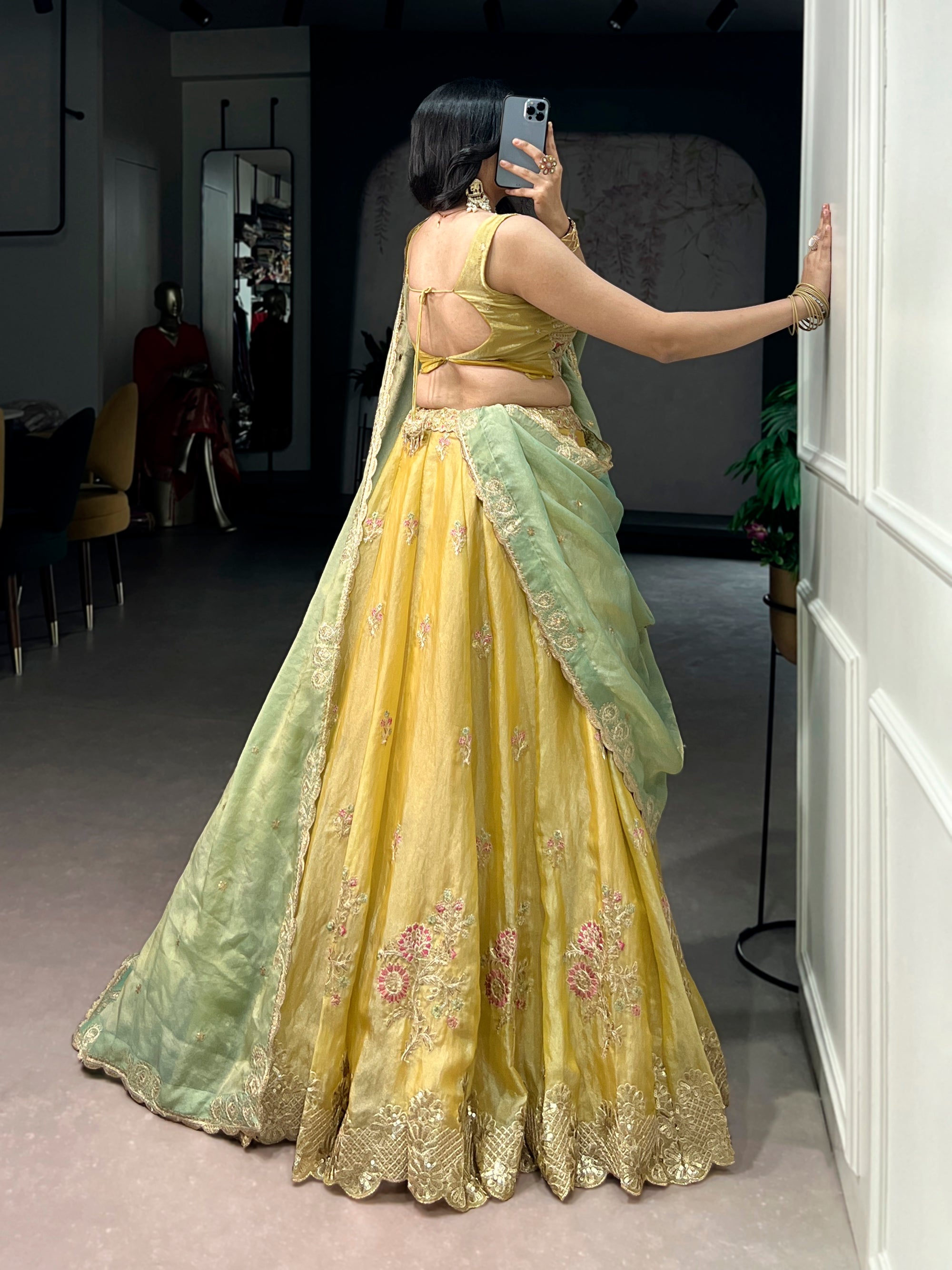 Lorenvalley Fashion Yellow NC Moss Silk Sequins and Thread Embroidery Work Lehenga Choli with Dupatta | Grocsy