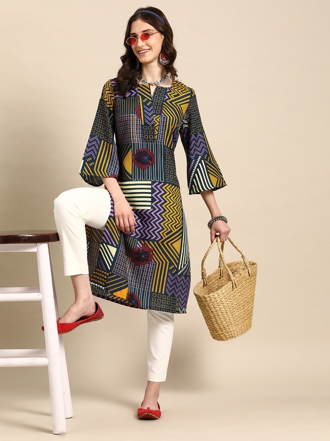 Sangria Printed Bell Sleeves Kurta | Grocsy