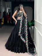 Lorenvalley Fashion Black Fendy Satin Sequins and Thread Embroidery Work Belt Lehenga Choli with Dupatta | Grocsy