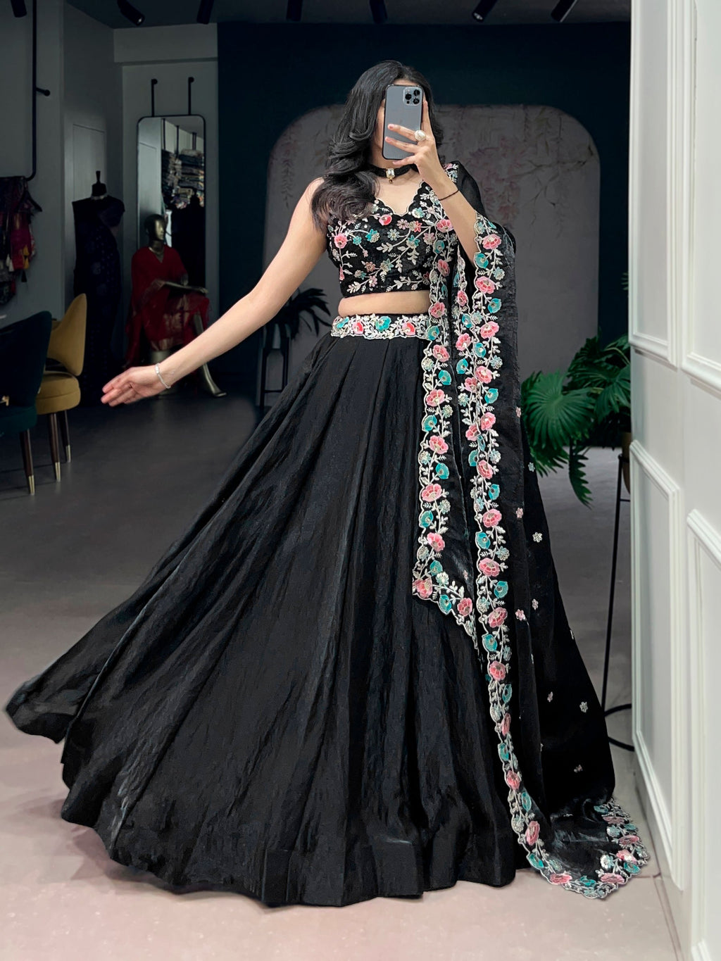 Lorenvalley Fashion Black Fendy Satin Sequins and Thread Embroidery Work Belt Lehenga Choli with Dupatta | Grocsy