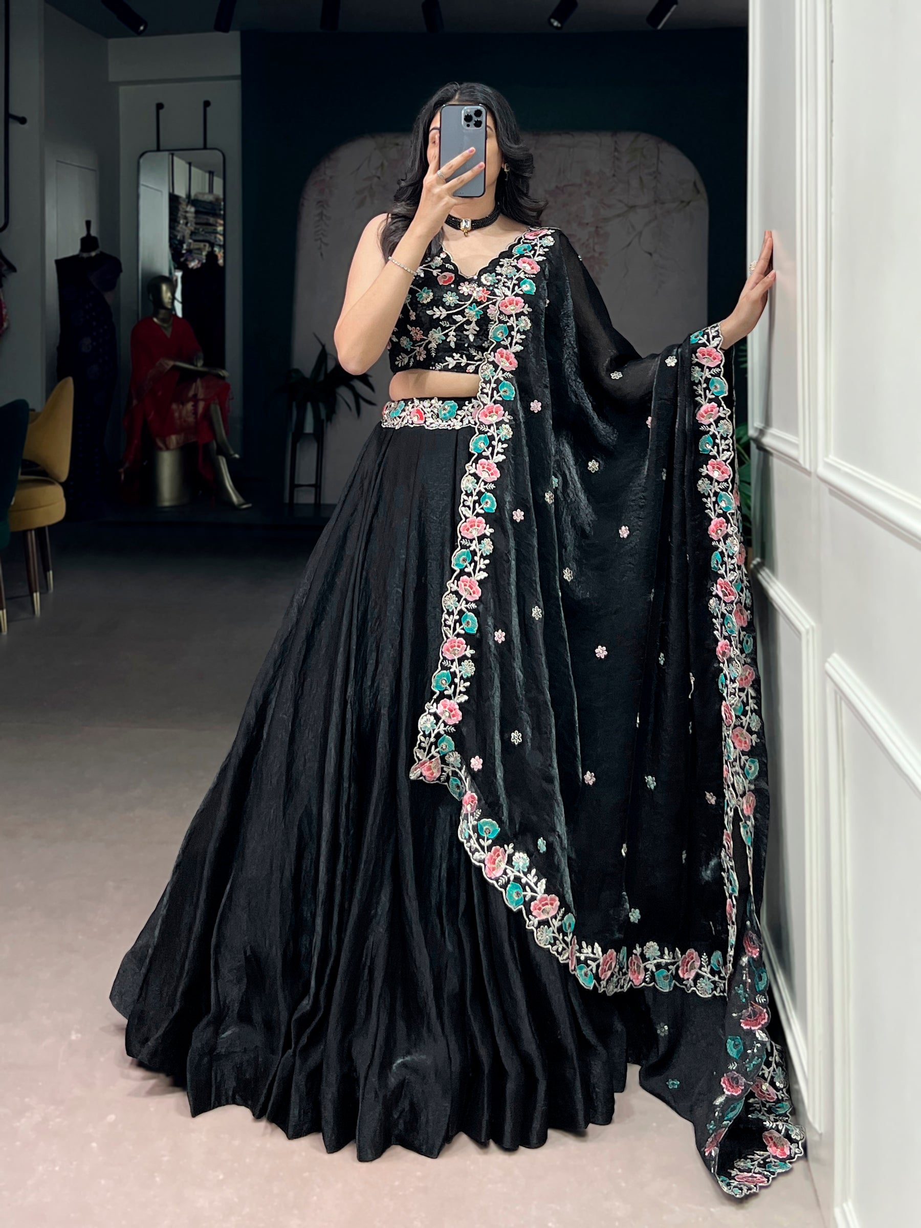 Lorenvalley Fashion Black Fendy Satin Sequins and Thread Embroidery Work Belt Lehenga Choli with Dupatta | Grocsy